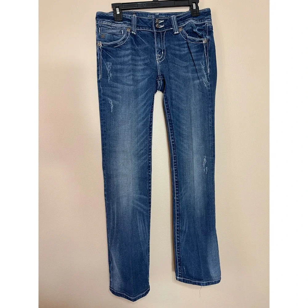 Miss Me JP5046-2 Bootcut Jeans Blue Denim Rhinestone Cross Flap Pocket Womens 31